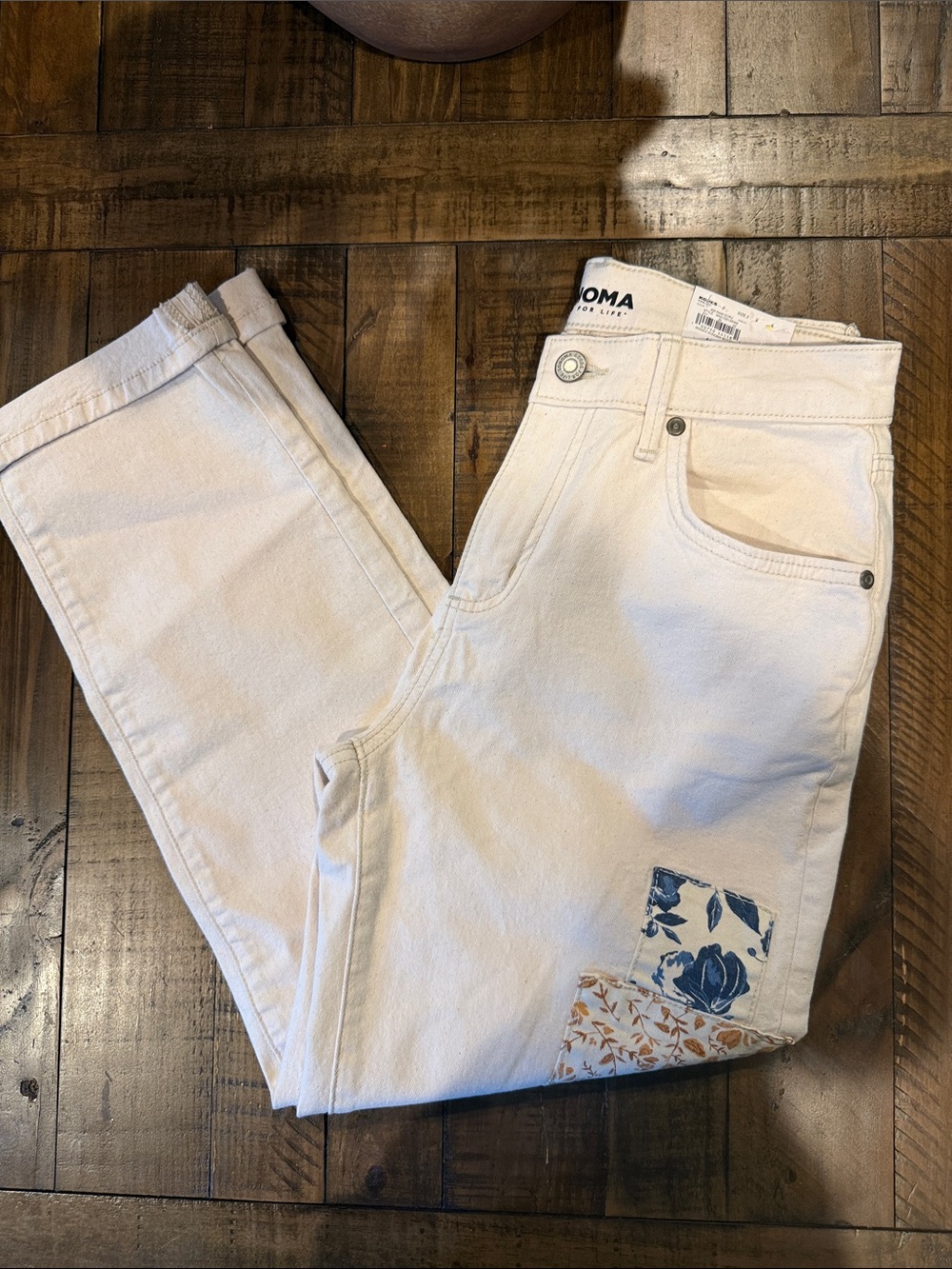 Sonoma White Jeans with Blue and Tan Floral Patches
